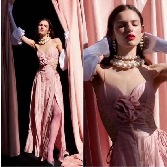 For Love & Lemons Gwenyth Rosette Lace Up Side Cutout Pink Maxi Gown Size Medium - Picture 4 of 12